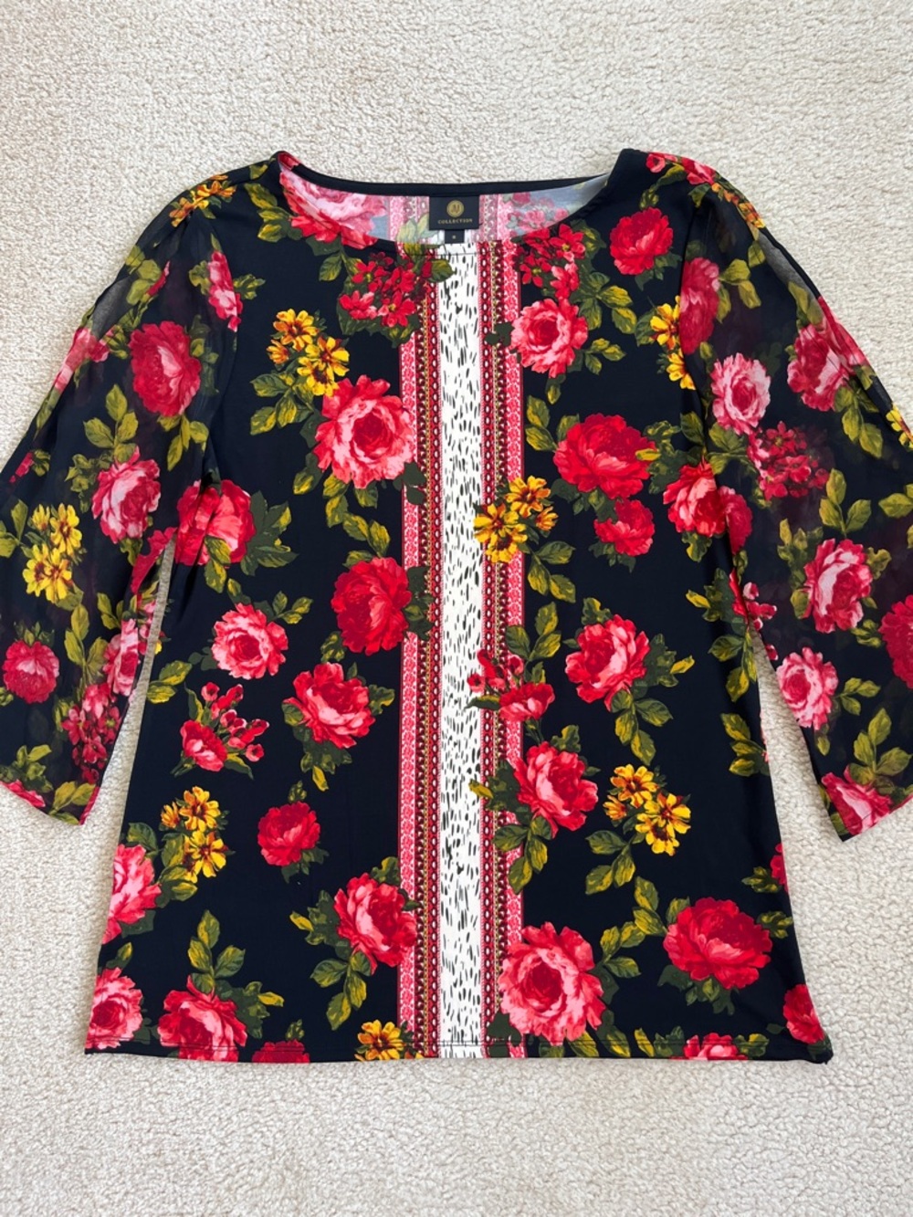 JM Collection Cold Shoulder 3/4 Sleeve Floral Print Tunic Top Black Red Medium